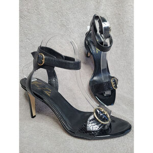 Marc Fisher Malika Black Leather Ankle Strap Heel Open Toe Gold Buckle Women 8.5